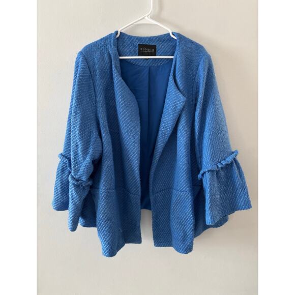 Eloquii Womens Open Front Tweed Blazer Size 28 Blue Ruffles Office Career Jacket - Picture 1 of 8